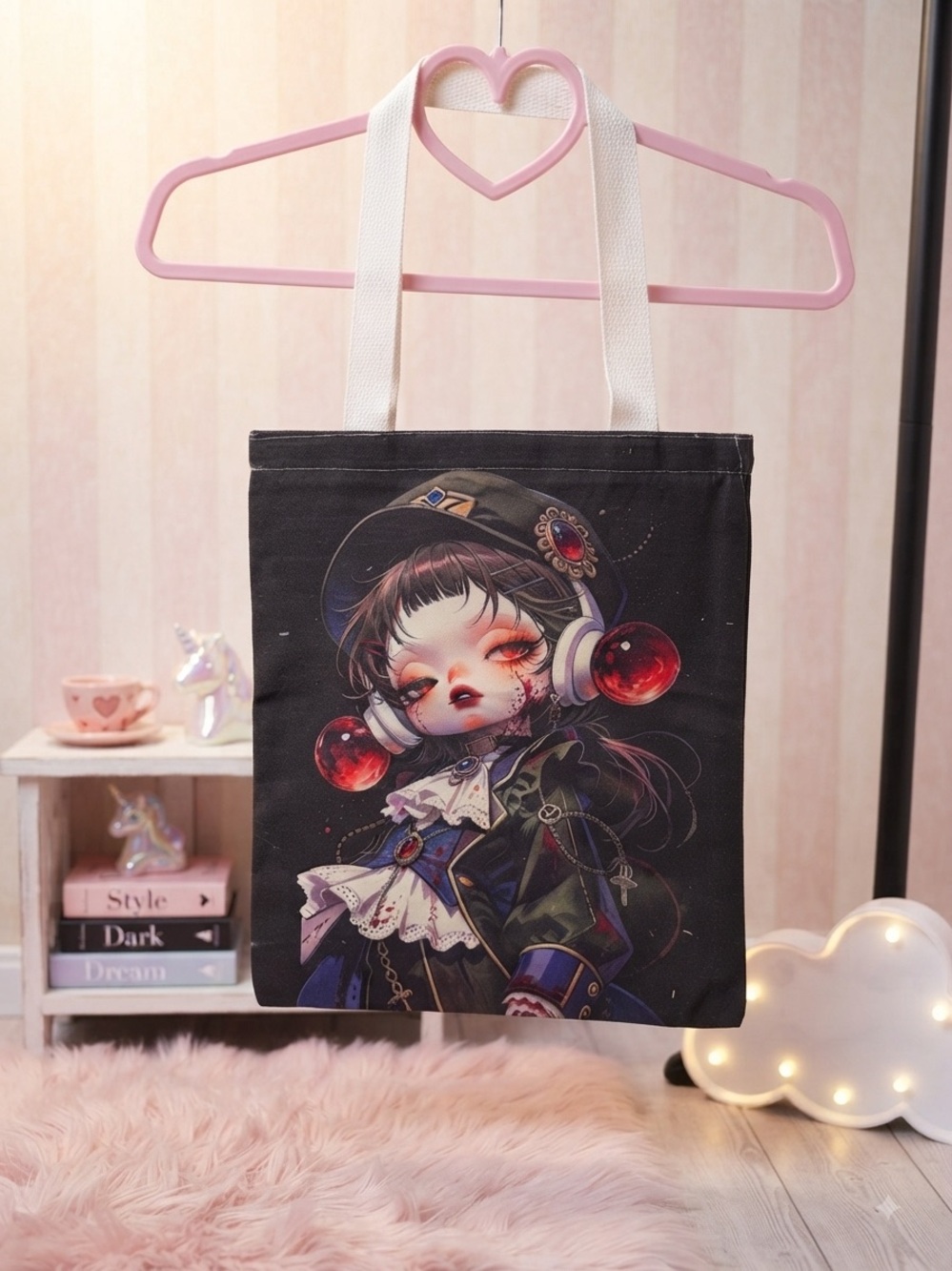 Black Graphic Canvas Tote Bag with White Handles